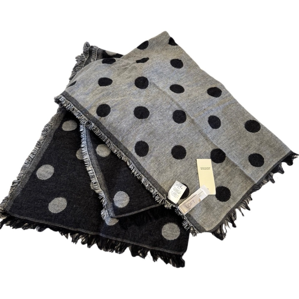 NEW LOFT Polka Dot Reversible Grey and Black Scarf Wrap Casual Cotton Blend NWT